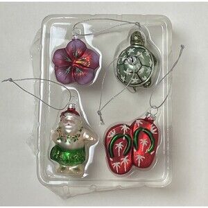 Hawaiian Tropical Holiday Mini Glass Christmas Ornaments Set 4 Santa, Hibiscus